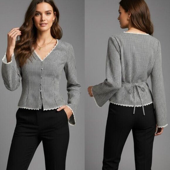 Shepherd Check Lace Cap Sleeve Single Button Blouse - Picture 1 of 8